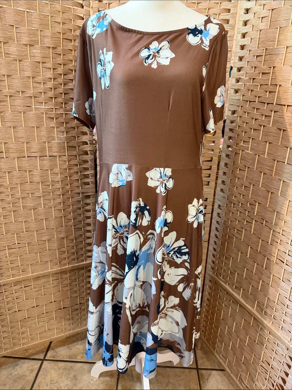 Women's Brown Floral Midi Dress with Blue & White Blooms